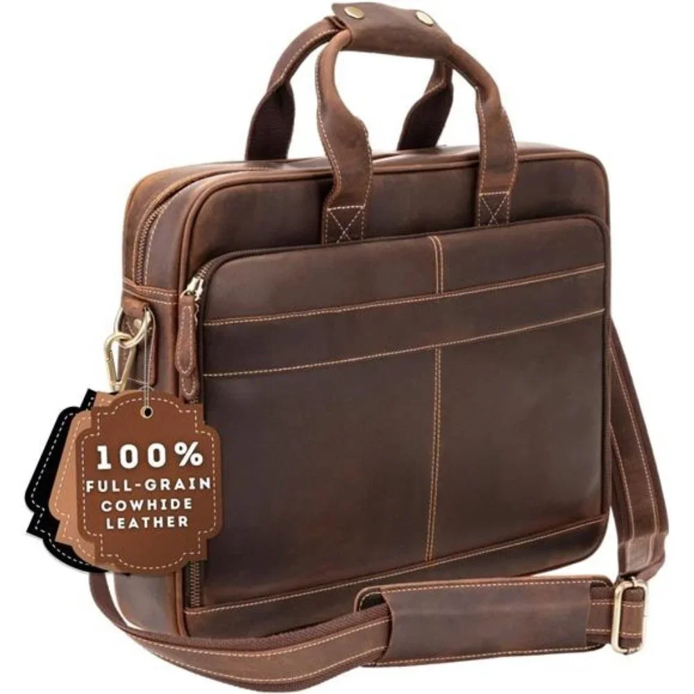 Men's Handcrafted Leather Laptop Bag, Dark Brown, Fits 15.6